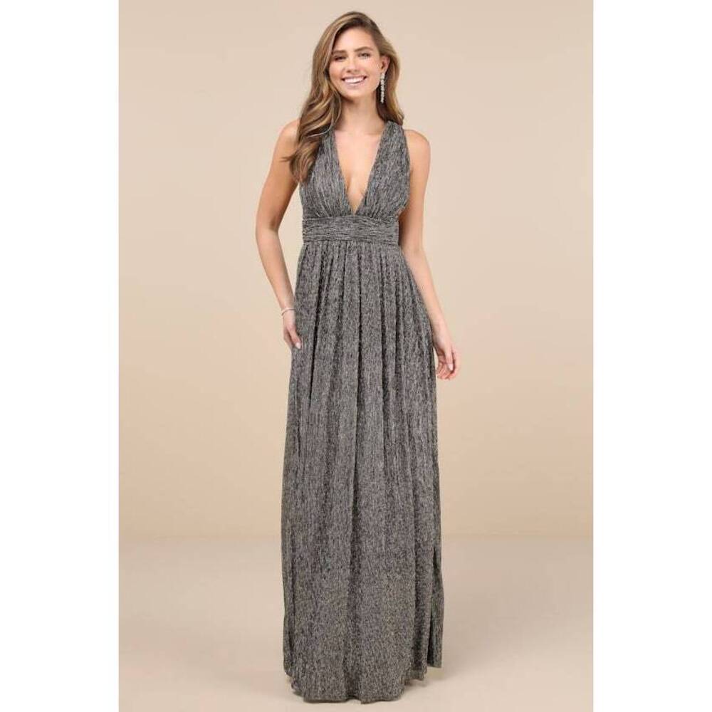 Lulus Looking Radiant Black And Gold Metallic Maxi Dress - Size S